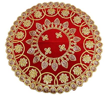 Reliable Fabric Pooja Chowki Assan For Multipurpose Prasad Thali Cover Weeding Ceremony Decoration Puja Table Assan Home Decor Accessories Diameter (16 Inch, Red)