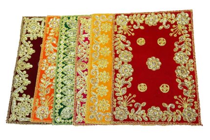 Reliable Multicolour Puja Assan Velvet Puja Cloth/Puja Aasan/Puja Chowki Assan Fancy Velvet Puja Altar Cloth for Pooja Home Mandir, Temple and Pooja Ghar Size - 9 * 7 Inch (Pack of 6)