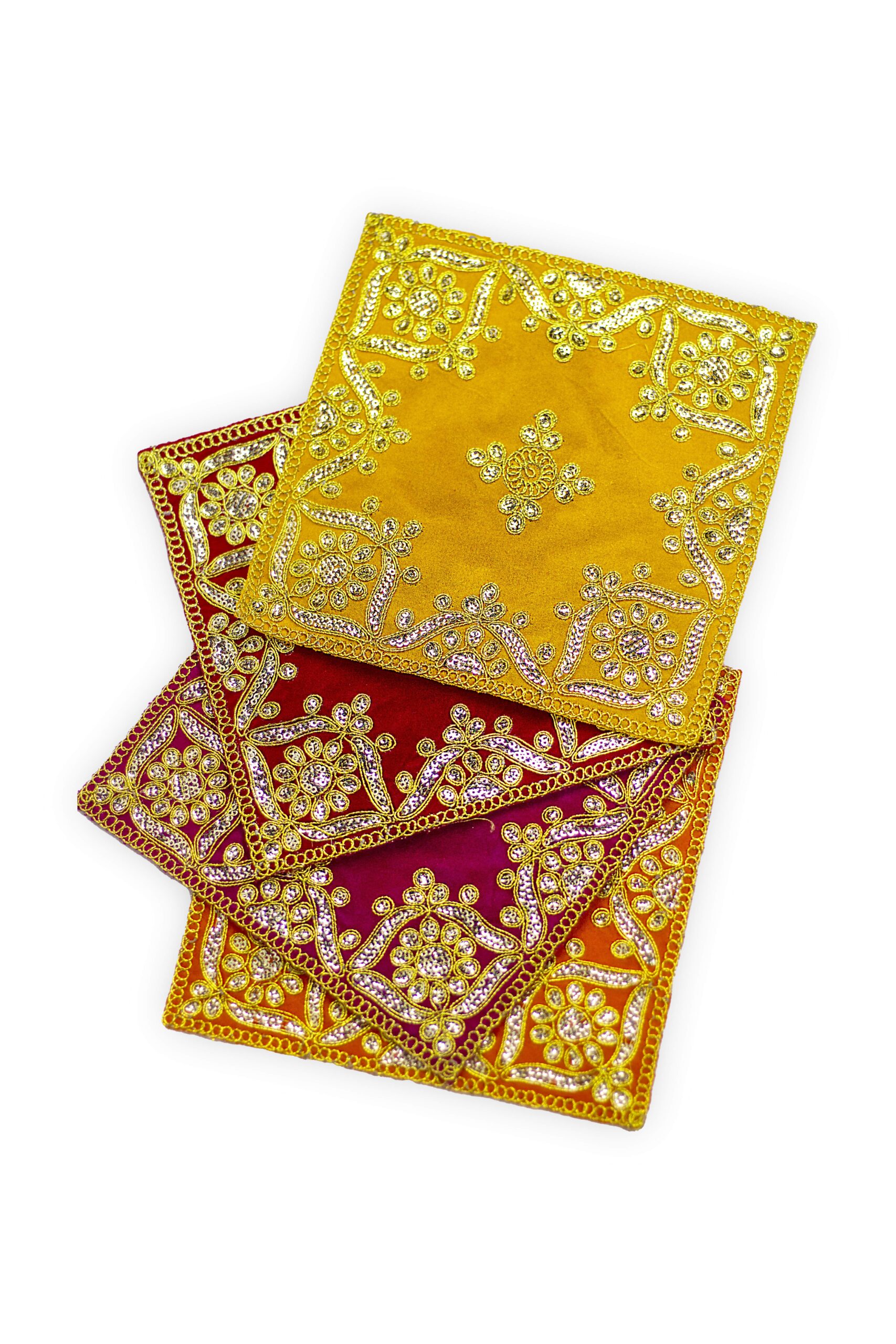 Reliable Velvet Pooja Aasan/Asan for Puja and Mandir Puja Altar Cloth Embroidered Velvet Pooja Chowki Assan Mat for Mandir, Temple and Bhagwan (Pack of 4) Size - 6 * 6 Inch